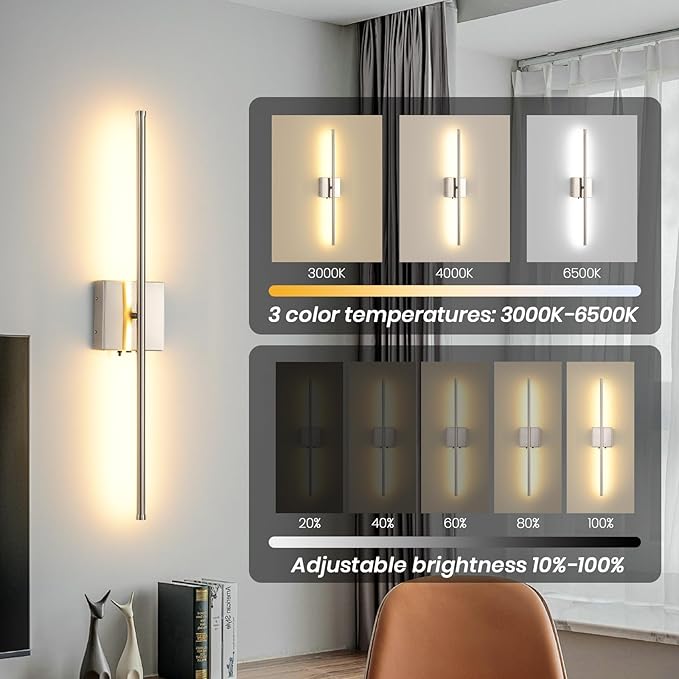 Wireless Battery Operated Wall Sconces, 11000mAh Rechargeable Brushed Nickel Wall Light with Remote Control, 350°Rotate Dimmable Wall Lamp, 3 Color Temperatures, for Bedroom Living Room Hallway, 1 PCS
