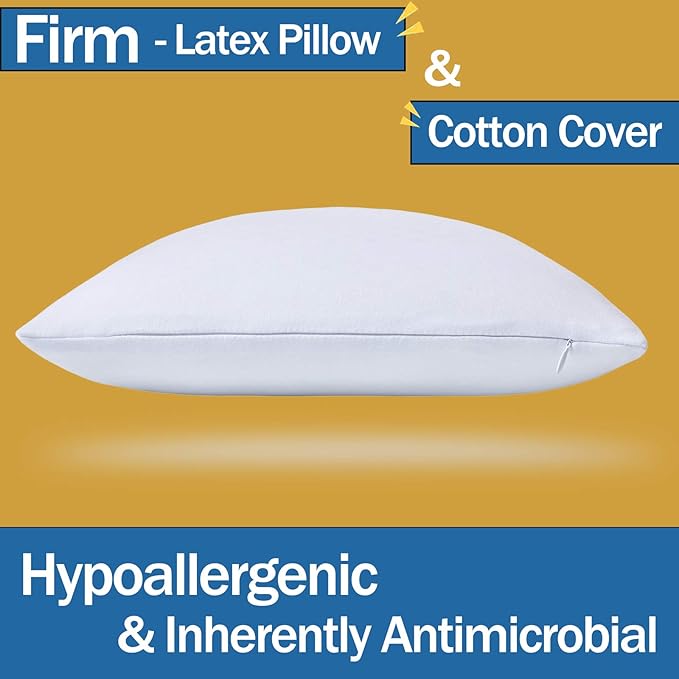 100% Natural Premium Latex Pillow, Bed Pillow with Removable Cotton Cover, Firm Queen Size Sleeping Pillow, Helps Relieve Pain and Pressure, Suitable for Side Back or Stomach Sleepers