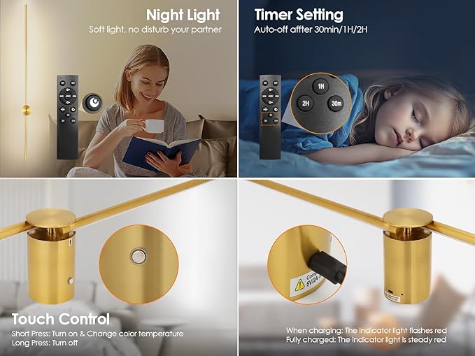 39.4 Inch Battery Operated Wall Sconce, 12000mAh Rechargeable Wall Sconce with Remote Control, Dimmable LED Wireless Wall Light for Bedroom, Living Room, 15 Colors, 180° Rotate, Gold, 1 Pack