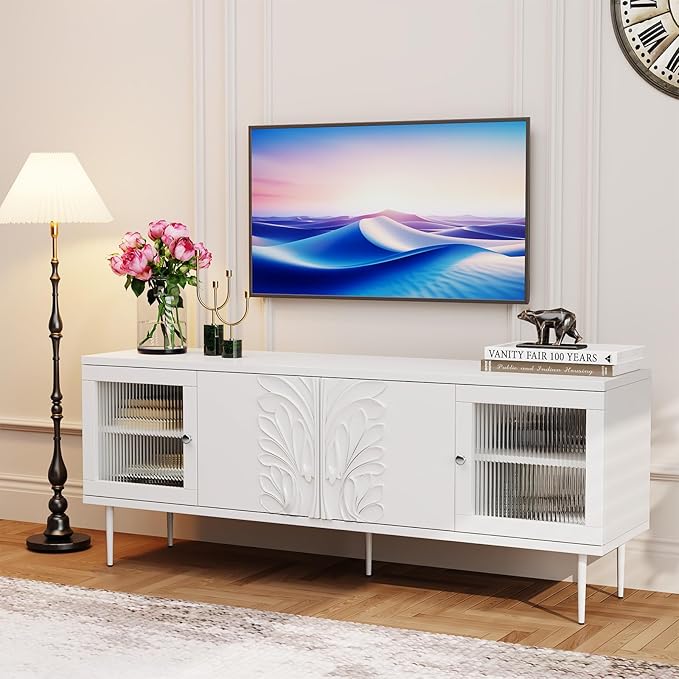 TV Stand for TVs up to 75 Inches, Mid Century Modern Entertainment Center with 3D Flower Pattern, Wood Media Console with 2 Fluted Glass Doors, Storage Cabinet for Living Room, White