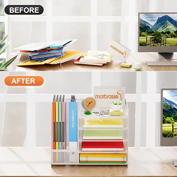 Marbrasse Desk Organizer with File Holder, 5-Tier Paper Letter Tray, Mesh Desk Organizers and Accessories with Magazine Holder, Desktop Organizer and Storage for Office Supplies (White)