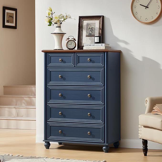 Farmhouse 6 Drawer Dresser, Blue Chest of Drawers, 43.5" Tall Dressers for Bedroom with Roman Column and Metal Handles, Rustic Wood Storage Organizer for Living Room, Hallway, Closet