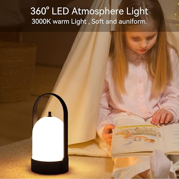 Tubicen Portable LED Cordless Rechargeable Lantern Table Lamp, 4000mAh Powerful Battery Operated Black Bedside Table Lamp, 4 Levels Touch Dimmable Night Light for Home Camping Restaurant Desk Balcony