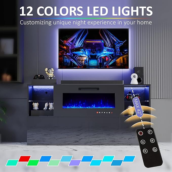 Fireplace TV Stand for TVs up to 75", Modern High Gloss Entertainment Center with 40" Fireplace, 4 Shelves & Storage Cabinets, Media Console Table 68 Inches, Black