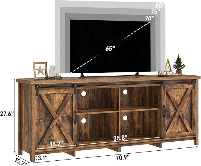 Farmhouse TV Stand for 80 Inch TV with Sliding Barn Door, Rustic Wood Entertainment Center Large Media Console Cabinet Long Television Stands,Console Table and Media Furniture for Living Room(Brown)