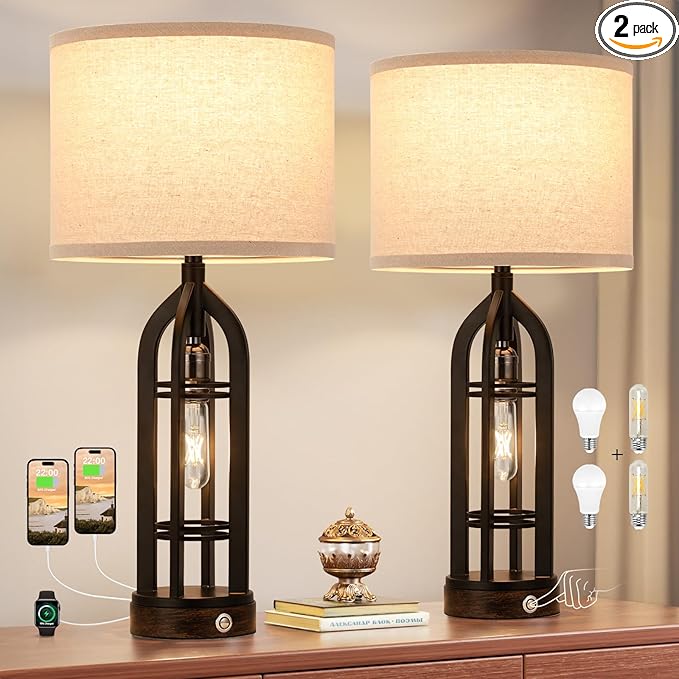 Seealle Table Lamps for Living Room Set of 2 - Black Bedside Lamp for Bedroom with USB C+A & Outlet, Farmhouse Lamps for Night Stands, 3-Way Dimmable Touch Lamps for Living Room with Oat Shade