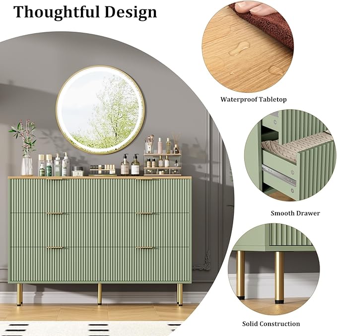 Fluted Wood Dresser 6 Drawers Dresser for Bedroom, Large Modern Chest of Drawers, for Bedroom, Living Room, Hallway, Entryway, Green and Oak