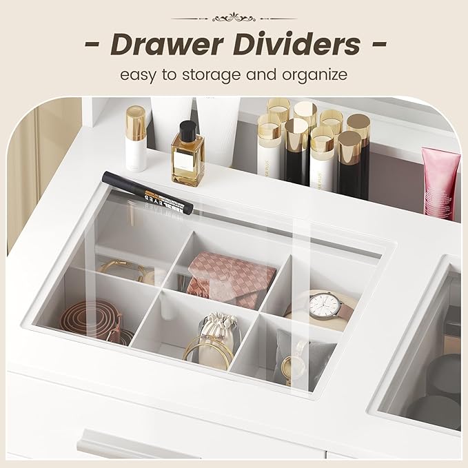 Vanity Desk with Mirror and Lights, Makeup Vanity with Glass Top & Power Strip, White Vanity with 2 Drawers for Women, 3 Lighting Modes Adjustable Brightness, Dressing Table with Stool for Bedroom