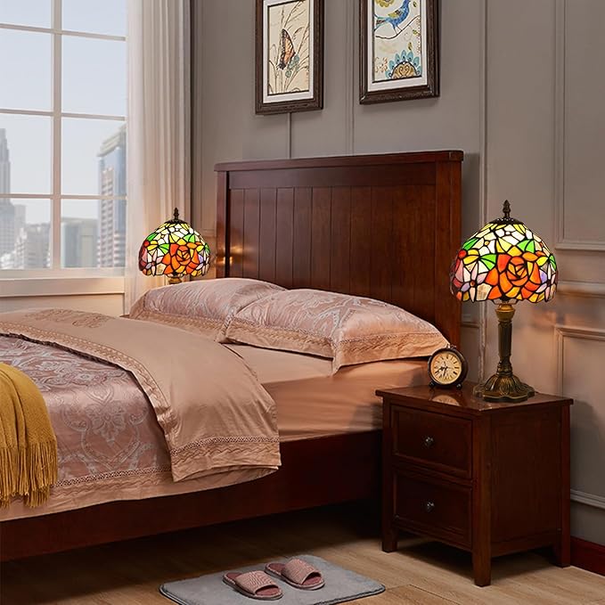 Rose Tiffany Small Table Lamp 3 Way Color Temperatures Stained Glass Bedside Nightstand Table Lamps for Living Room,Bedroom, Home Office Reading Desk Lamp+LED Bulb,8X8X15 Inch