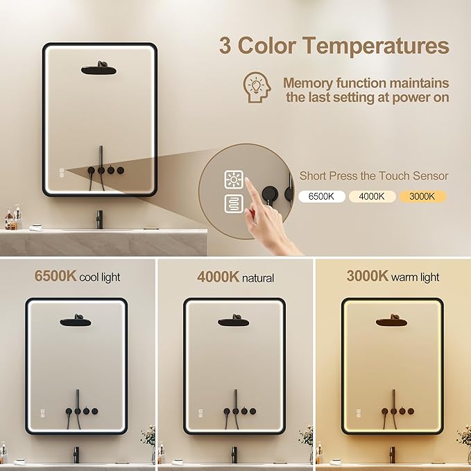 LED-Bathroom-Mirror-with-Lights, 24"x32" Wall-Mounted with Anti-Fog, 3 Colors Dimmable Light, Waterproof, Tempered Glass, Black Framed