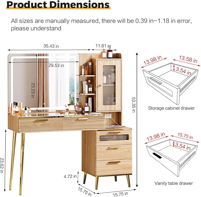47.24" Big Modern Vanity Desk with Mirror and Lights, Vanity Desk with 29.53" HD Lighted Mirror, Makeup Vanity with 5 Drawers and Storage Shelves and Charging Station, Oak2
