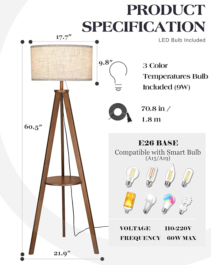 ELYONA Solid Wood Tripod Floor Lamp 3 Color Temperatures LED Blub Tall Standing Light with Table Mid Century Modern Corner Reading Floor Lamp for Living Room Bedroom Office Pull Chain Controls Brown
