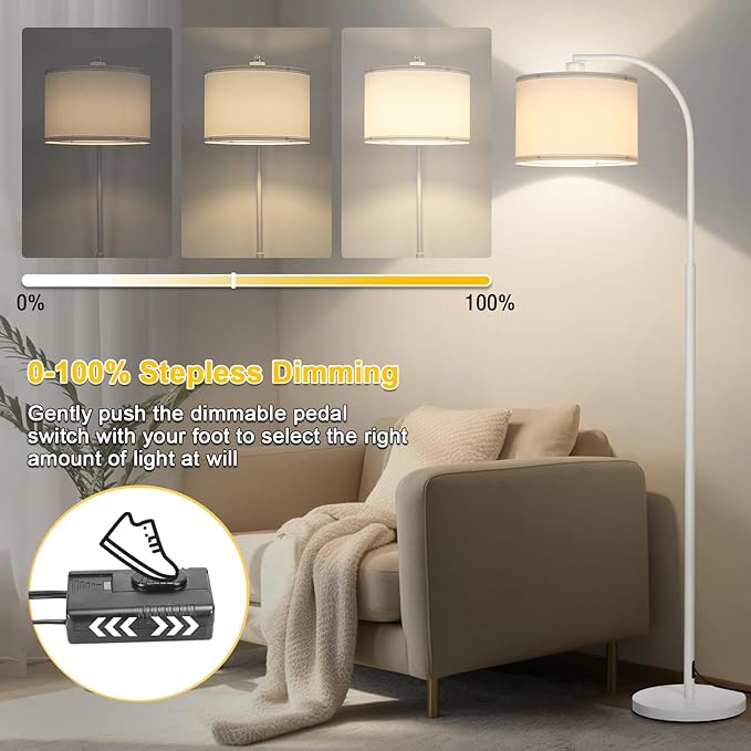 Floor Lamps for Living Room, White Arc Floor Lamp with Stepless Dimmer, Modern Standing Lamp with Adjustable Drum Shade, Tall Pole Lamp for Bedroom Study Room Office, 9W 3000K LED Bulb Included
