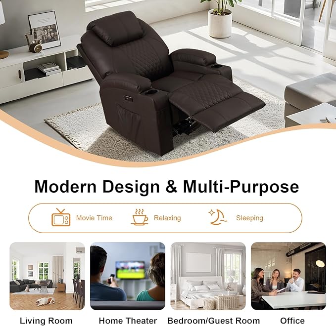 AHMED Power Recliner Chair with Vibration Massage & Heat for Adults, Faux Leather Home Theater Seating with Cup Holders/LED Lights/USB Ports/Side Pockets for Living Room, Brown