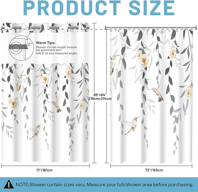 No Hook Shower Curtain with Snap in Liner - Fabric Waterproof Inner Liner, Plants Yellow Floral Grey Nature Birds Cloth Shower Curtains Washable, 71 x 74 Inch