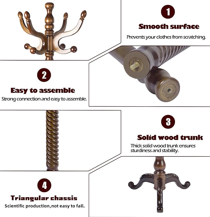 Coat Racks Free Standing with 11 Hooks, Natural Wood Coat Stands for Entryway, Adjustable Height 74 in Tree Coat Rack Stand for Hallway Home Office Bedroom (Brown Triangle)