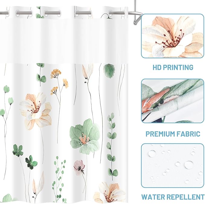 No Hook Shower Curtain with Snap in Liner - Floral Shower Curtain - Fabric Waterproof Inner Liner, Plants Watercolor Sage Green Modern Cloth Shower Curtains - Machine Washable, 71 x 74