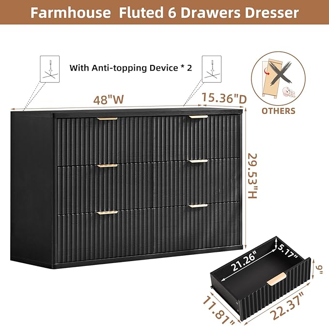 LEYAOYAO Fluted 6 Drawers Dresser for Bedroom, 48" Wide Modern Chest of Drawers with Metal Handle, Black Curved Profile Farmhouse Closet Organizer Wood Dressers TV Stand for Living Room, Hallway