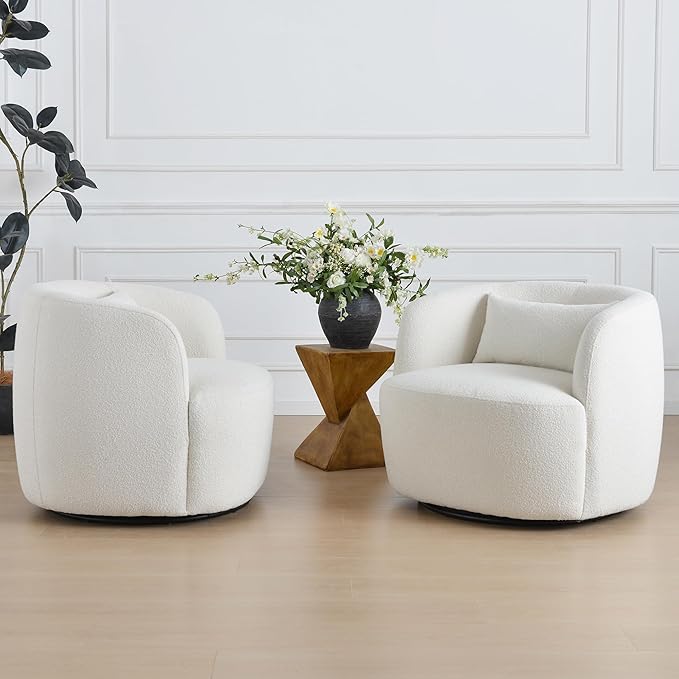 KINWELL 34" Wide Sherpa Swivel Barrel Chairs Set of 2, No Assembly Round Boucle Upholstered Accent Chairs Armchairs Single Sofa Chair with Toss Pillow for Living Room and Bedroom, Beige