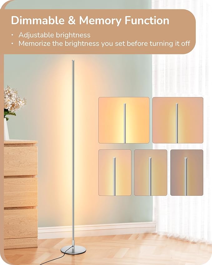 EDISHINE LED Floor Lamp with Remote, 57.5" Minimalist Dimmable Slim Corner Light, Tall Floor Lamps for Living Room, Bedroom, Office, 3000K Warm White Light (Silver)