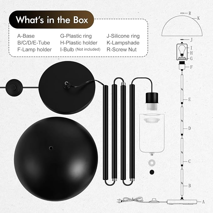 Floor Lamp, Industrial Black Floor Lamps for Living Room, 65.6in Standing Lamp, Retro Mushroom Dome Shade, Whole Metal, E26 Socket, Mid Century Modern Floor Lamp for Bedroom/Office,No Bulb