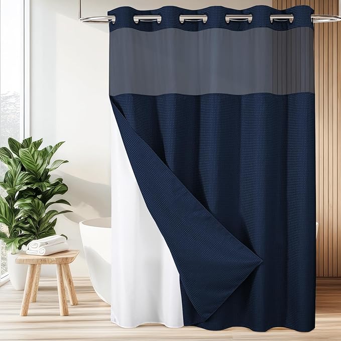 Colorful Star Extra Long Waffle Weave Shower Curtains, 256GSM Heavy Duty Shower Curtain with Snap in Fabric Liner, Hotel Style No Hook Waterproof Bathroom Curtain Set, 72 x 87 Inch, Navy Blue