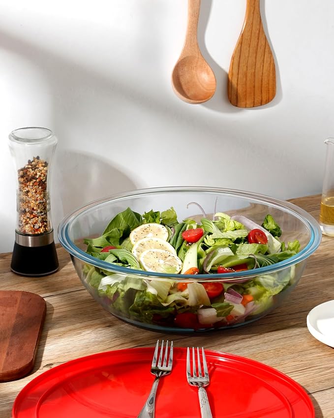 NUTRIUPS 4.76 Quart Large Glass Salad Bowl with Lid, Large Mixing Bowl for Pasta and Serving