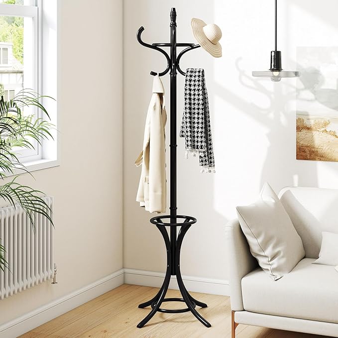 Tangkula Coat Rack with Umbrella Holder, 73 Inch Freestanding Coat Hanger Stand with 12 Hooks, Wooden Entryway Coat Tree for Clothes, Bags, Hats, Scarves, Living Room, Bedroom, Hallway (Black)