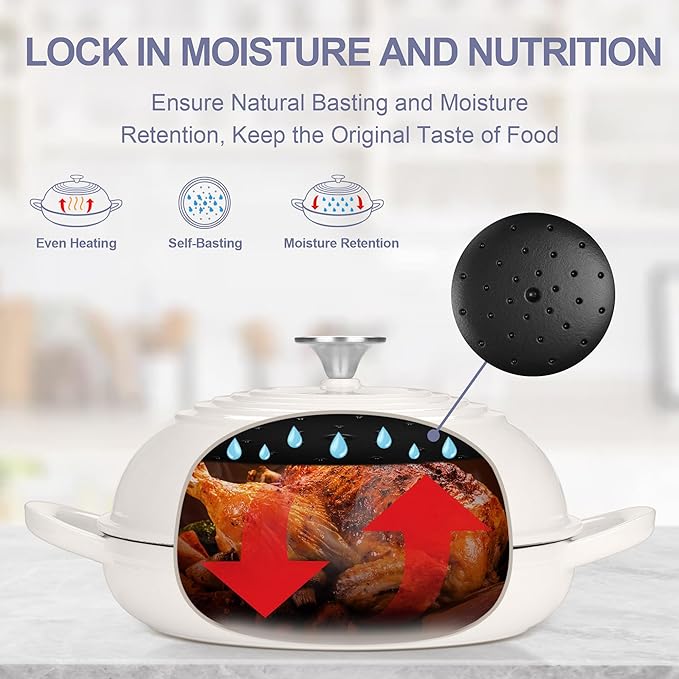 TeamFar Cast Iron Bread Dutch Oven, 6 Qt Enameled Dutch Oven Pot for Sourdough Bread Baking, with Tall Dome Lid & Round Base Pan, Self-Basting & Even-Heating, Heavy-Duty & Non-stick, White