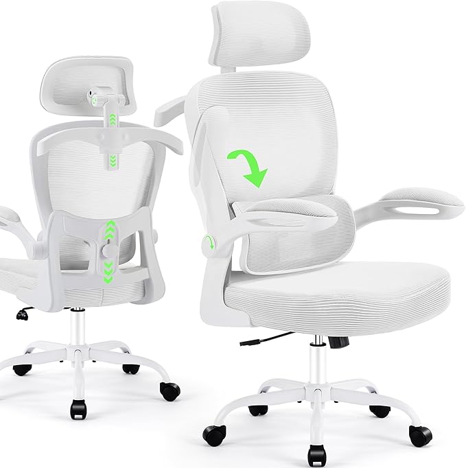 Office Chair Ergonomic Desk Chairs with Adjustable Lumbar Support& Headrest Hanger, High Back Breathable Mesh Chair with Wheels, Rolling Swivel Comfy Task Computer Chair for Home Work Gaming