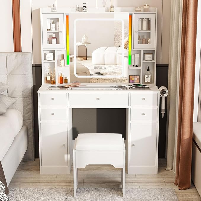 White Vanity Desk with LED Mirror,Makeup Vanity with Charging Station & RGB Lights,5 Drawers 4 Shelves Makeup Desk Vanity Table Stool Set with Glass Table Top & Time Display Lights, White
