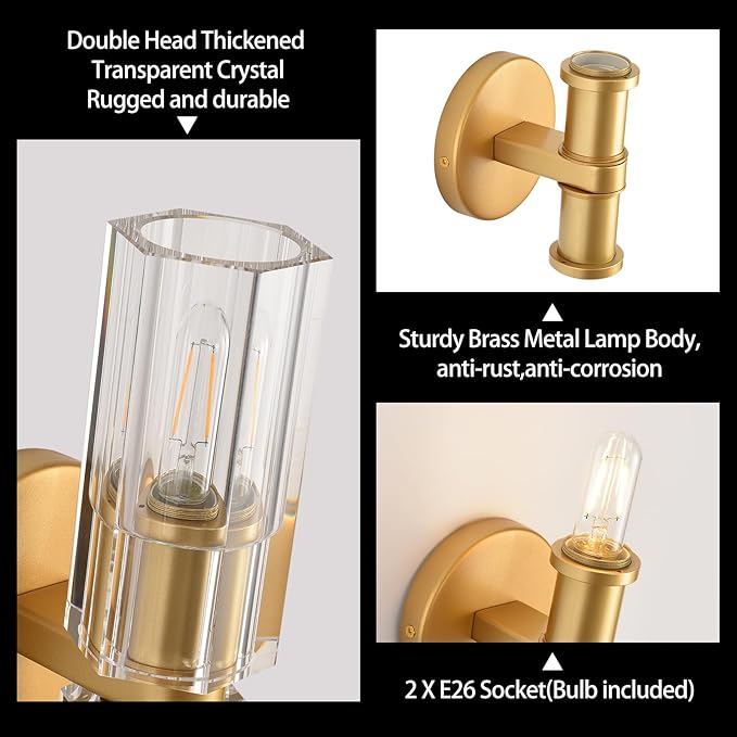 Modern Crystal Wall Sconces 2 Light,K9 Crystal Brass Sconces Wall Lighting,Crystal Modern Wall Sconces Indoor Wall Sconce Bedroom Wall Sconce for Bathroom,Stairway,Entryway,Hallway, Living