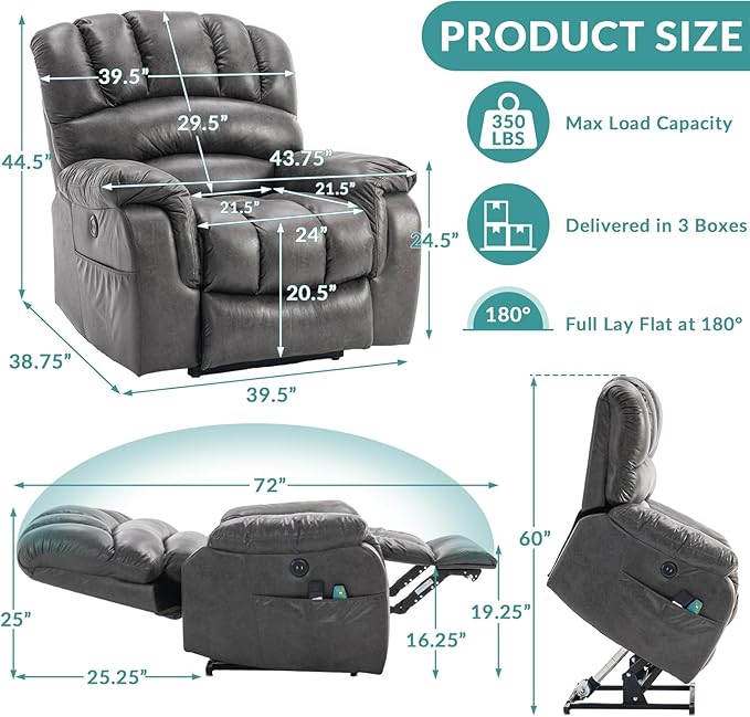 MEETWARM Large Infinite Position Dual Motor Recliner Chair for Big and Tall Elderly, Oversized Lay Flat Sleeper Power Lift Recliner with Massage Heat, 2 Remote Controls/USB Port/Side Pockets(Gray)