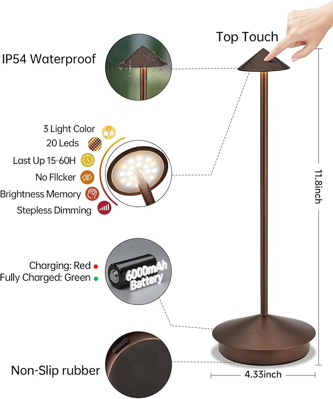 Portable Led Cordless Lamp Table Light 2 Pack, Rechargeable 6000mAh Battery Outdoor Table Lamp for Dinning Restaurant Patio Bedroom Camping, IP54 Waterproof, Dimmable