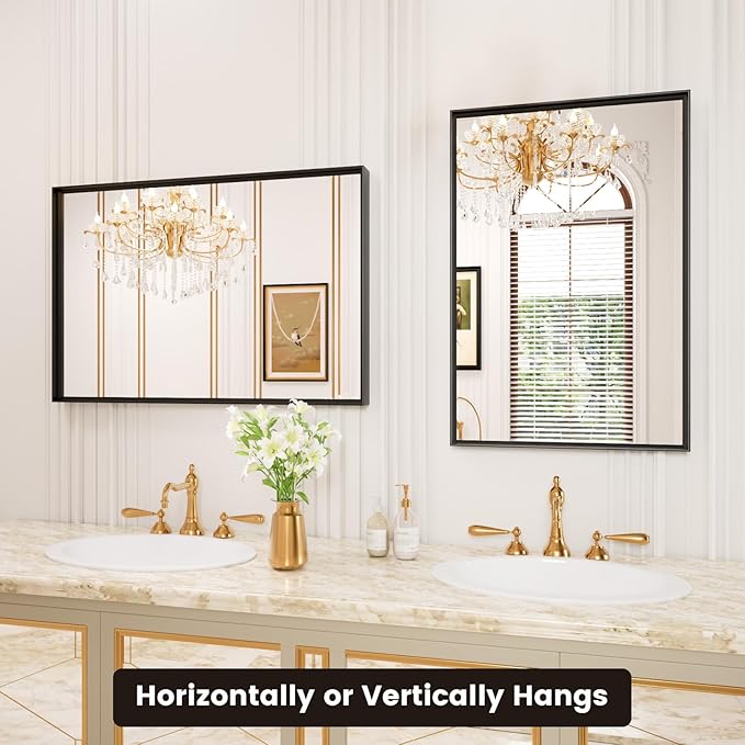 Black Bathroom Mirror, 20x30 inch Matte Black Vanity Mirror with Frame, Tempered Glass, Square Corner, Farmhouse, Entryway, Wall Mounted Rectangle Mirror, Vertically/Horizontally Hangs