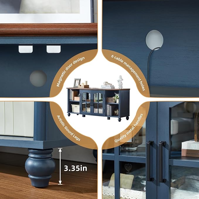 Farmhouse TV Stand for 60 Inch TV, Wood Entertainment Center with Glass Door Storage Cabinet & Adjustable Shelves,Television Stands for 65" TVS, TV Console Table for Living Room,Bedroom,Blue