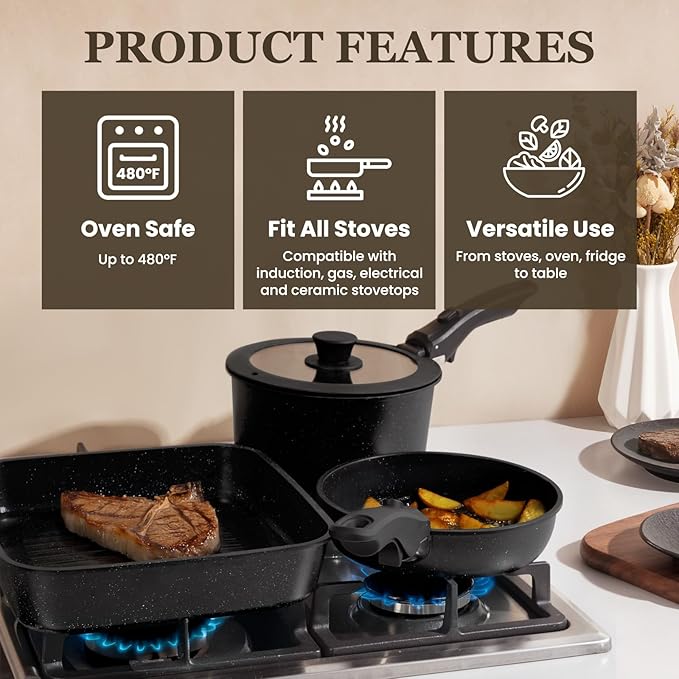 KIKCOIN 22 Pcs Pots and Pans Set Non Stick, Detachable Handle Cookware Sets Nonstick, RV Kitchen Cooking Set with Removable Handles, Frying Pans - Induction/Dishwasher/Oven Safe (Black)