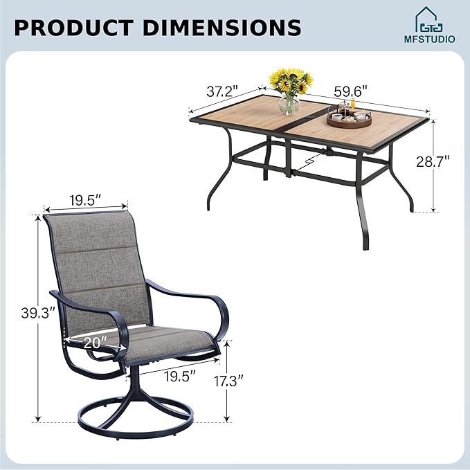 MFSTUDIO Patio Dining Set for 6, Patio Table and Chairs Set of 6 with Umbrella Hole, Outdoor Dining Set for Deck/Yard/Garden/Poolside