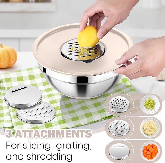 E-far 25PCS Mixing Bowls with Lid Set, Stainless Steel Nesting Prep Bowls with Grater Attachments Non-Slip Bottoms for Cooking, Serving, Food Storage, 4.6/2.6/2/1.5/1/0.7QT - Khaki