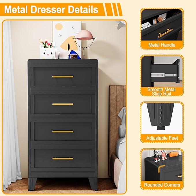 Metal Dresser Tall Narrow Dresser for Bedroom Chest, 44.45" H Drawer Chest, Closet Dressers & Chests of Drawers for Living Room, Hallway (4 Drawers Black 24inch Wide)