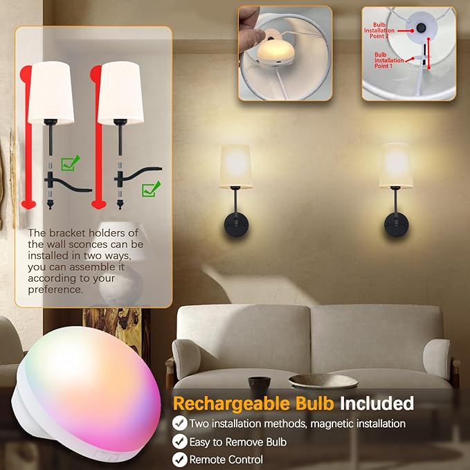 Battery Operated Wall Sconces Set of 2, Black Rechargeable Wall Lights with 15 RGB Dimmable Detachable Bulbs and Remote, Wireless Battery Powered LED Wall Lamp for Living Room Bedroom