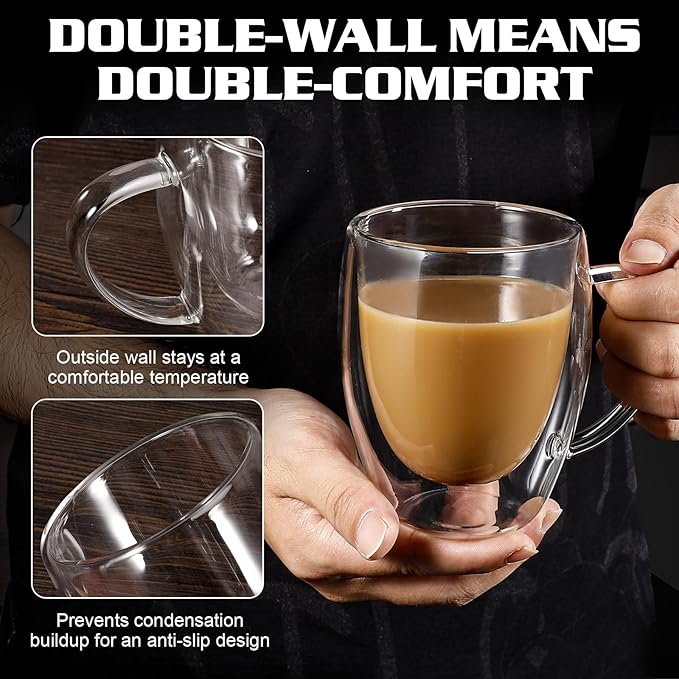 Clear Glass Double Wall Insulated Round Coffee Mugs Set of 6 Pieces - Medium Size 12oz Best Reusable Coffee Mug for Home Cafe Restaurant Perfect for Espresso Capucinno Lungo Latte Coffee