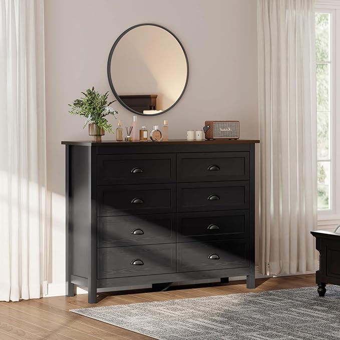 Black Dresser for Bedroom, Farmhouse 8 Drawer Double Dresser with Vintage Antique Handles, Modern Tall Dressers and Chest of Drawers for Bedroom