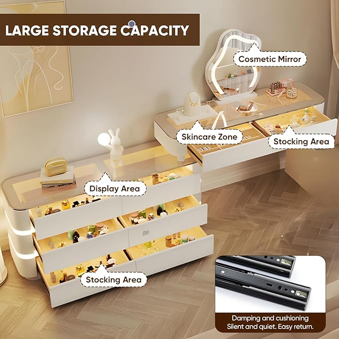 Vanity Set - Solid Wood Vanities Desk with LED Smart Mirror and Drawers, Modern Vanity Table with Glass Countertop and Makeup Stool, Vanities for Bedroom, Gifts for Her (Khaki)