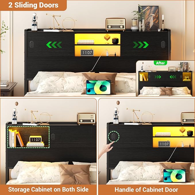 Homieasy Headboard for Full Size Bed with Storage, Sturdy Bookcase Headboards with Outlet, USB & LED Light, Full Size Headboard Only, Head Board with Sliding Doors & Bed Adapter for Bedroom, Black