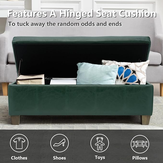 Green Faux Leather Ottoman with Storage, Rectangular Extra Long Storage Bench for Bedroom and Living Room