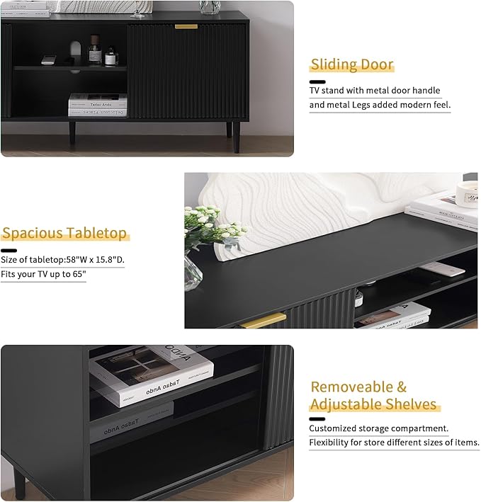 Okvnbjk Black TV Stand, Modern TV Consoles for Living Room 65+ Inch TV, Fluted Panel Media Console with Sliding Doors & Ajustable Shelves, Entertainment Stand with Storage Cabinets