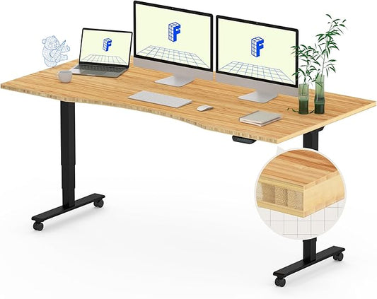 FLEXISPOT E6 MAX Bamboo Dual Motor 3 Stages Standing Desk 60x30 Inch Whole-Piece Board Electric Height Adjustable Stand Up Desk 150KG Load Capacity(Black Frame + Bamboo Curved Desktop)