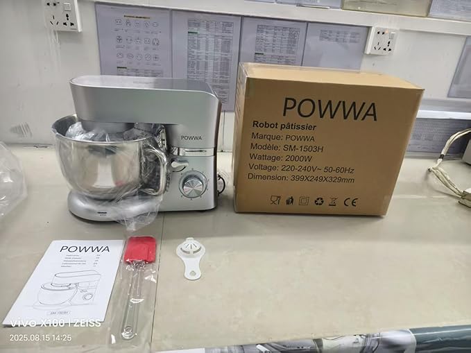 Stand Mixer, POWWA 7.5 Quart Electric Mixer, 6+1 Speed 660W Tilt-Head Kitchen Food Mixers with Whisk, Dough Hook, Mixing Beater & Splash Guard for Baking, Cake, Cookie (Silver-with Handle)