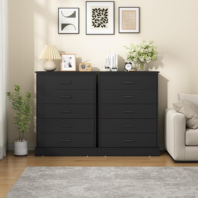 EPHEX Black Tall Dresser with 5 Drawers for Bedroom, Tall Dresser for Closet, Storage Tower Clothes Organizer, Modern Chest of Drawers with Sturdy Pedestal, 27.6'' W x 15.8'' D x 40.2'' H